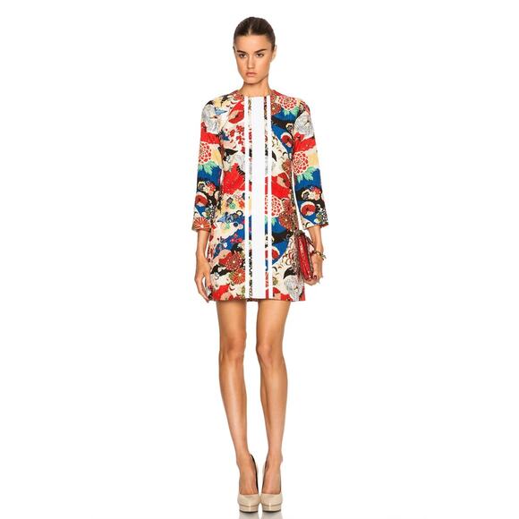 Carven Quilted Floral Shift Dress Multi Colored Long Sleeve Silk Lined US 10 - Picture 1 of 8